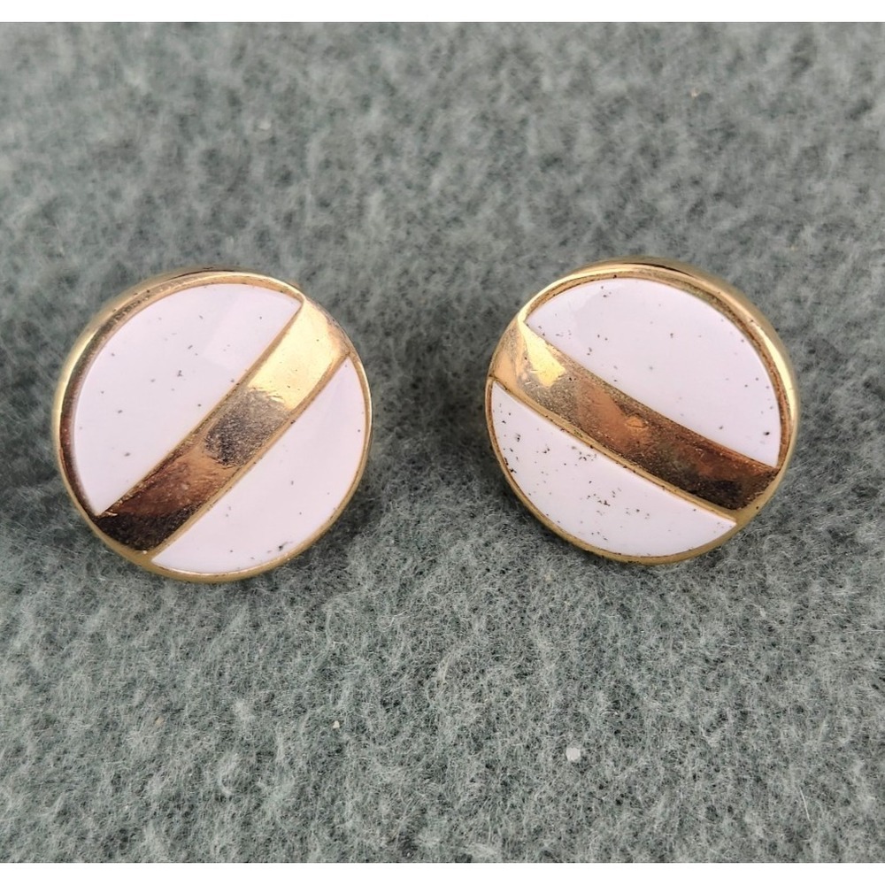 Avon Vintage White Enamel‎ Gold Tone Diagonal Stripe Round Clip On Earrings